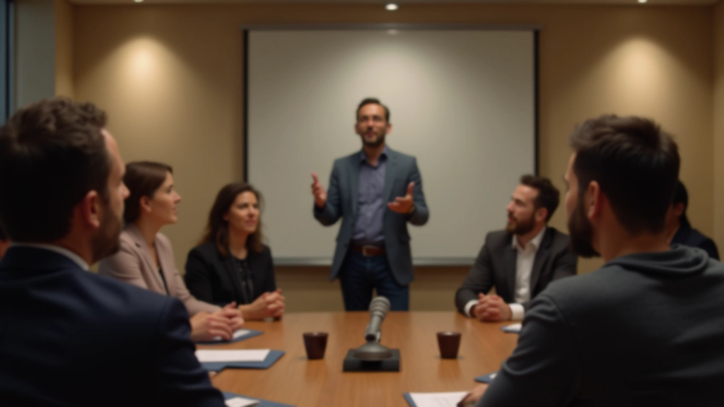 Grupo pequeno de pessoas em sala de reunião, uma pessoa falando em frente ao grupo, ambiente informal e acolhedor