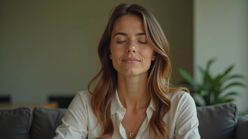 Mulher em posição de meditação com olhos fechados, em ambiente calmo com luz natural, respirando profundamente