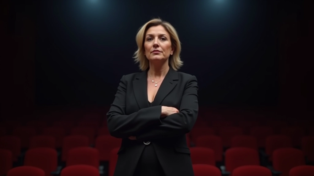 Mulher em apresentação no palco, posição centrada, ambiente de auditório, iluminação teatral profissional